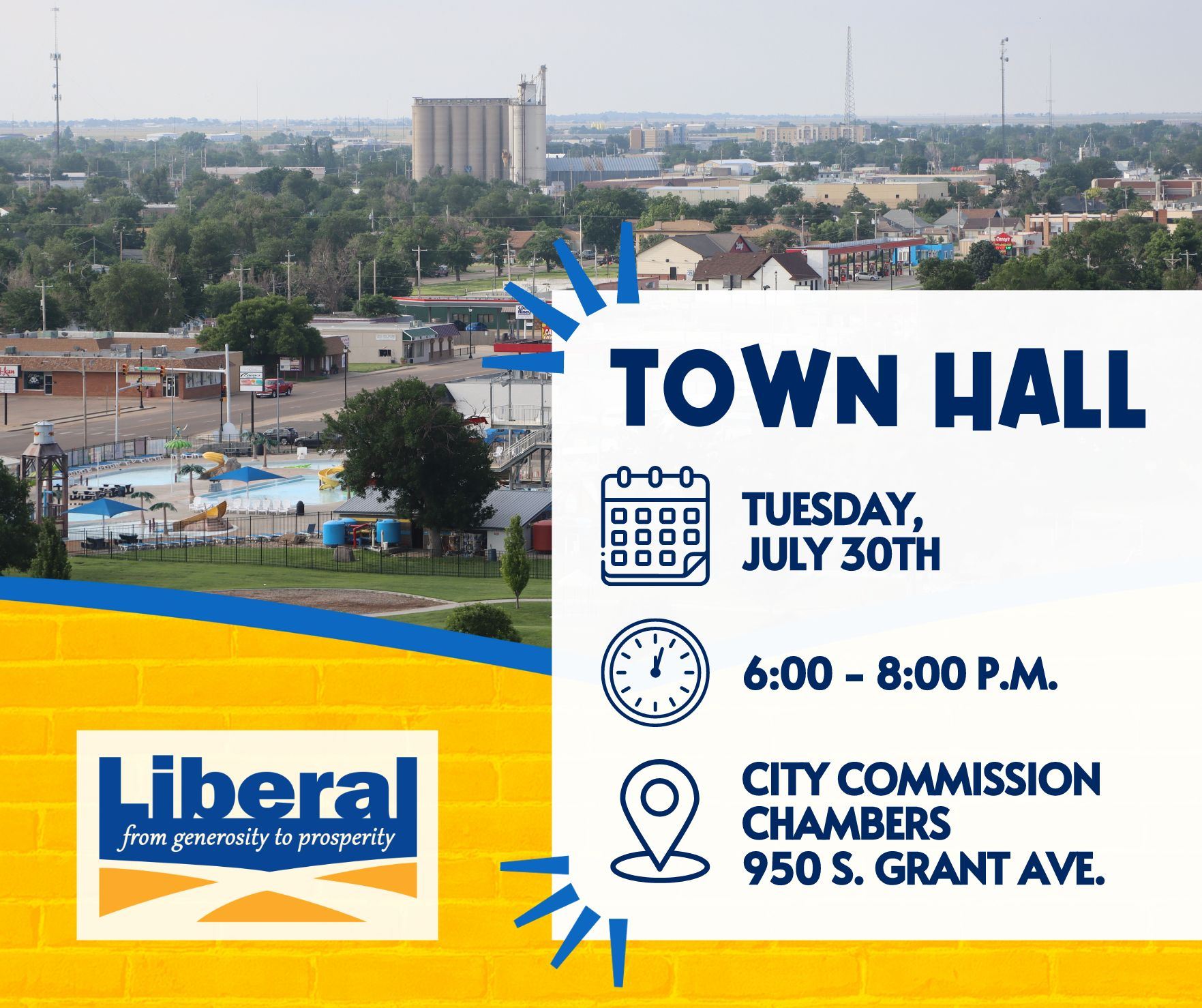 Town Hall on July 30th, 2024 from 6-8 p.m. in the Liberal City Commission Chambers, 950 S. Grant Ave