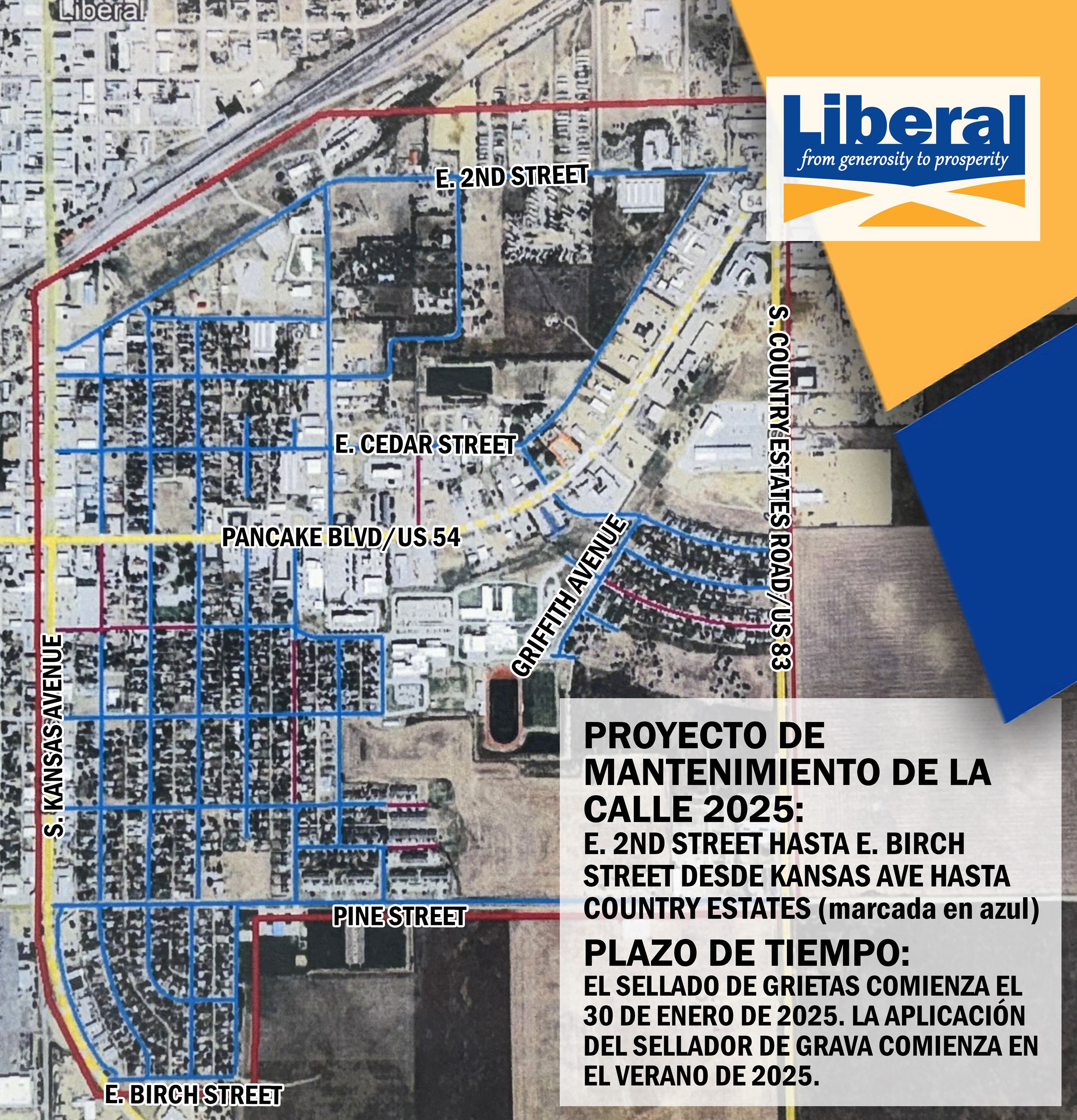 Map of 2025 street maintenance project in Spanish.