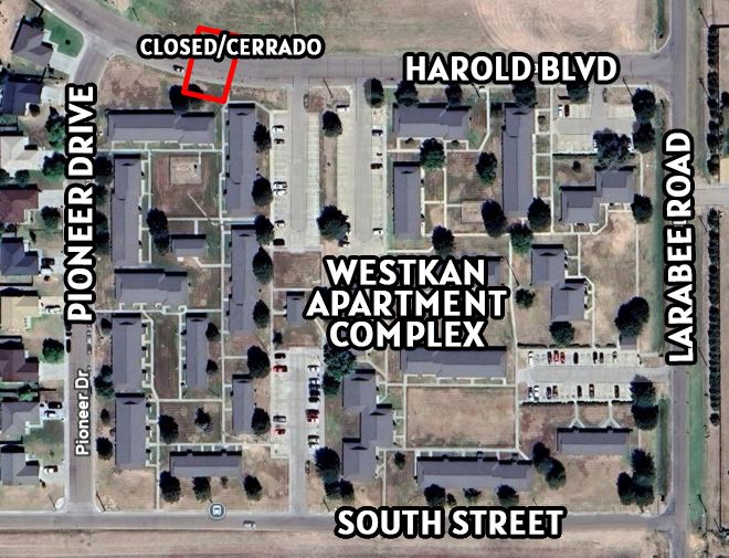 A map showing a portion of road closed - Harold Blvd in Liberal 