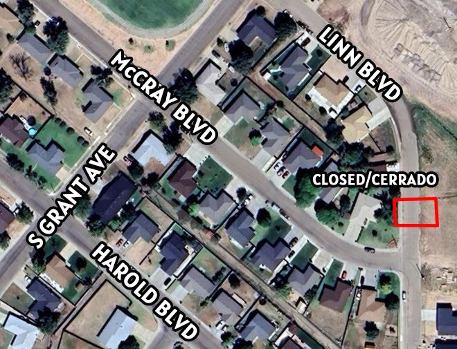 A map showing a portion of road closed - Linn Blvd in Liberal 