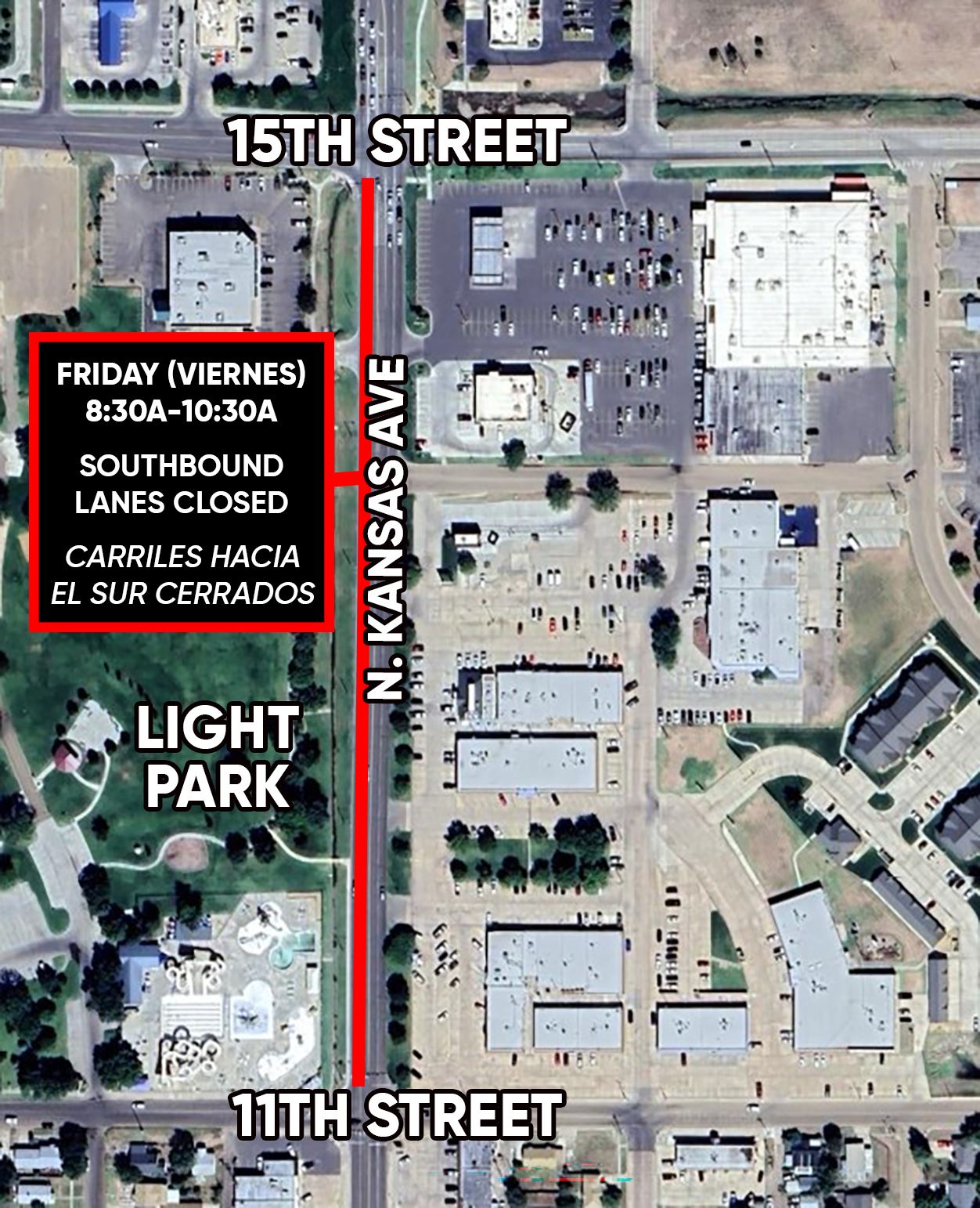 Map showing lane closure on N Kansas Ave from 11th to 15th Street