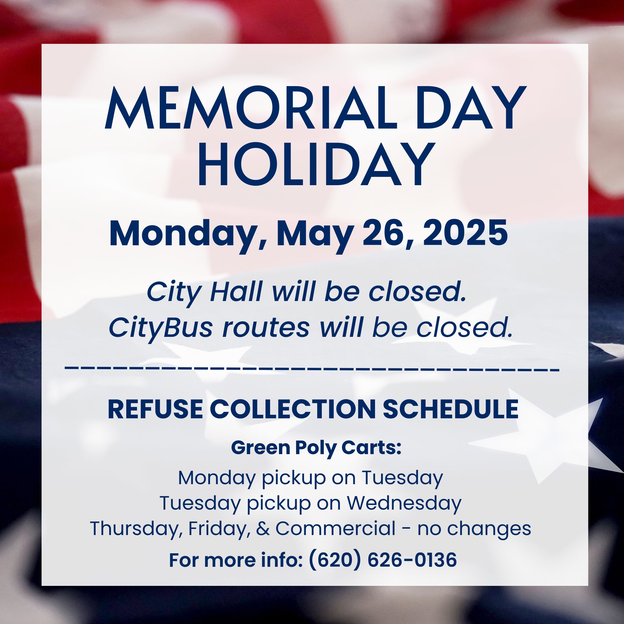 Info graphic of Memorial Day 2025 schedule changes